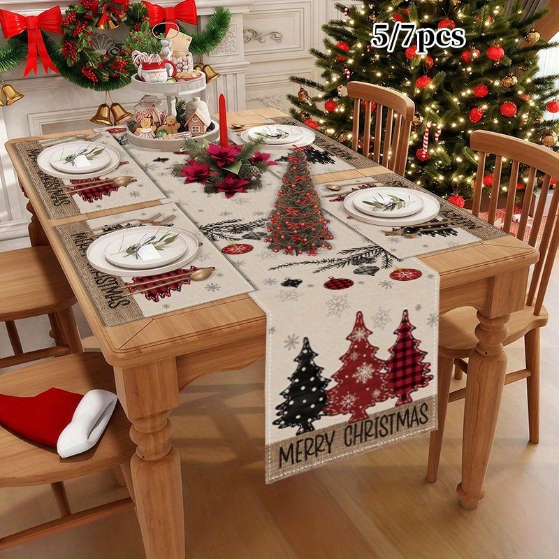 Christmas Table Runner - アメリカンカントリー風クリスマス テーブルランナー＆プレースマットセット 防水・滑り止め加工 洗濯可能 キッチン/ダイニング用 ホリデーテーブルマット
