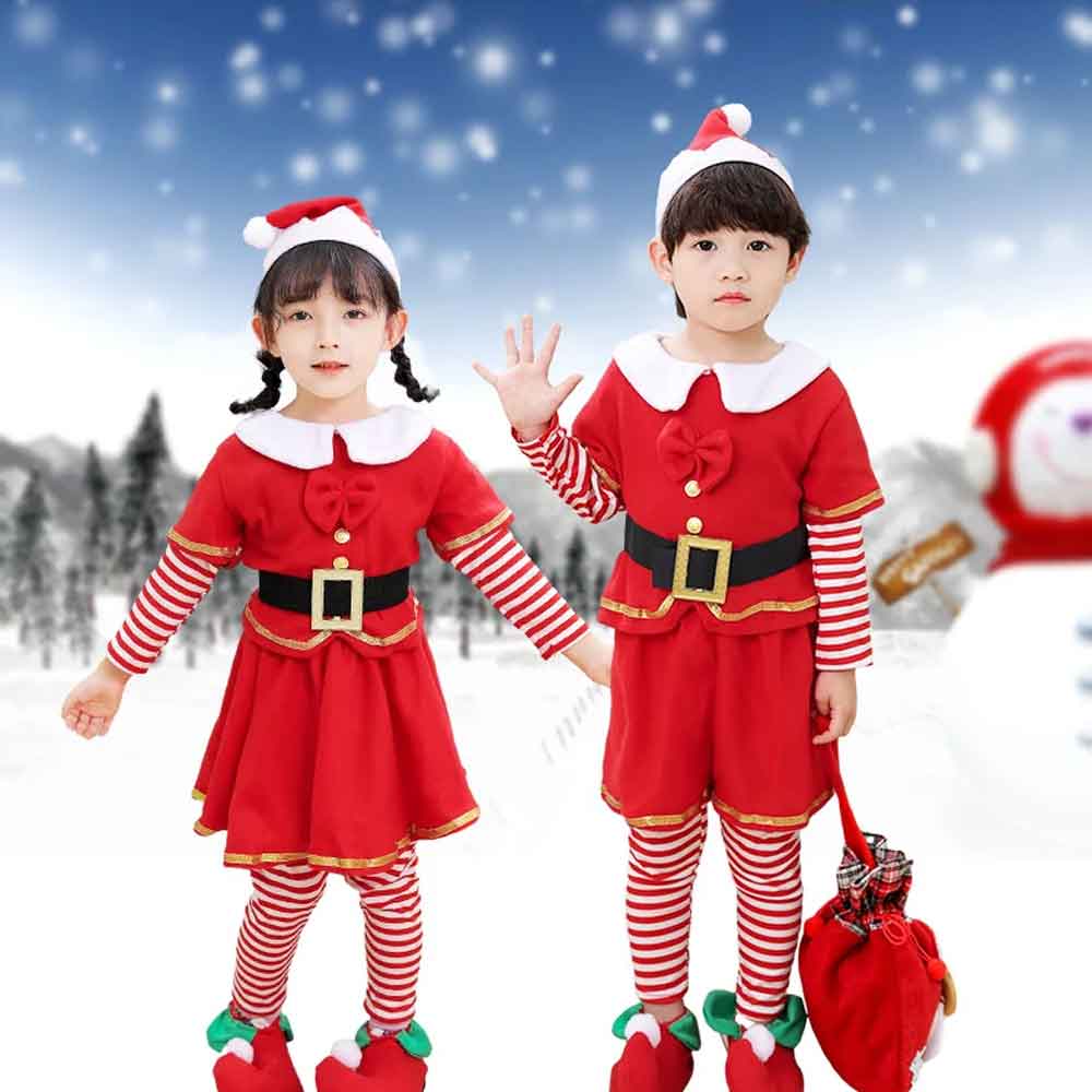 Elf Costume Christmas - 子供用クリスマスエルフセット - 子供用クリスマスデーパーティーコスチューム レッドゴールドカラー クリスマスパジャマ クリスマスギフト