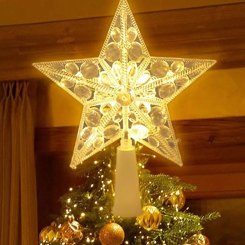 Star Tree Topper - LEDライト付きの透明な五芒星の装飾,クリスマスツリーの装飾,家の装飾,15cm