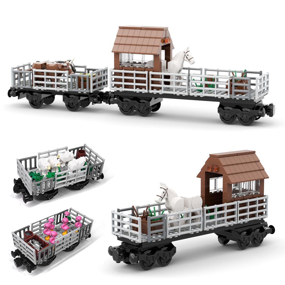 Lego Set Creator - MOC列車動物輸送車両ビルディングブロックモジュラー列車シャーシセット羊馬牛豚トラックDIYおもちゃギフト