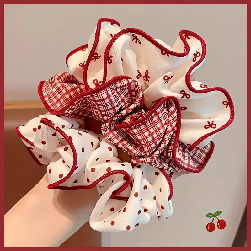 Christmas Throw Blanket - 3 個のスイートレッドドットちょう結びチェック柄シュシュ女性用ソフト弾性ポニーテールホルダー優しいトレンディな新年クリスマス