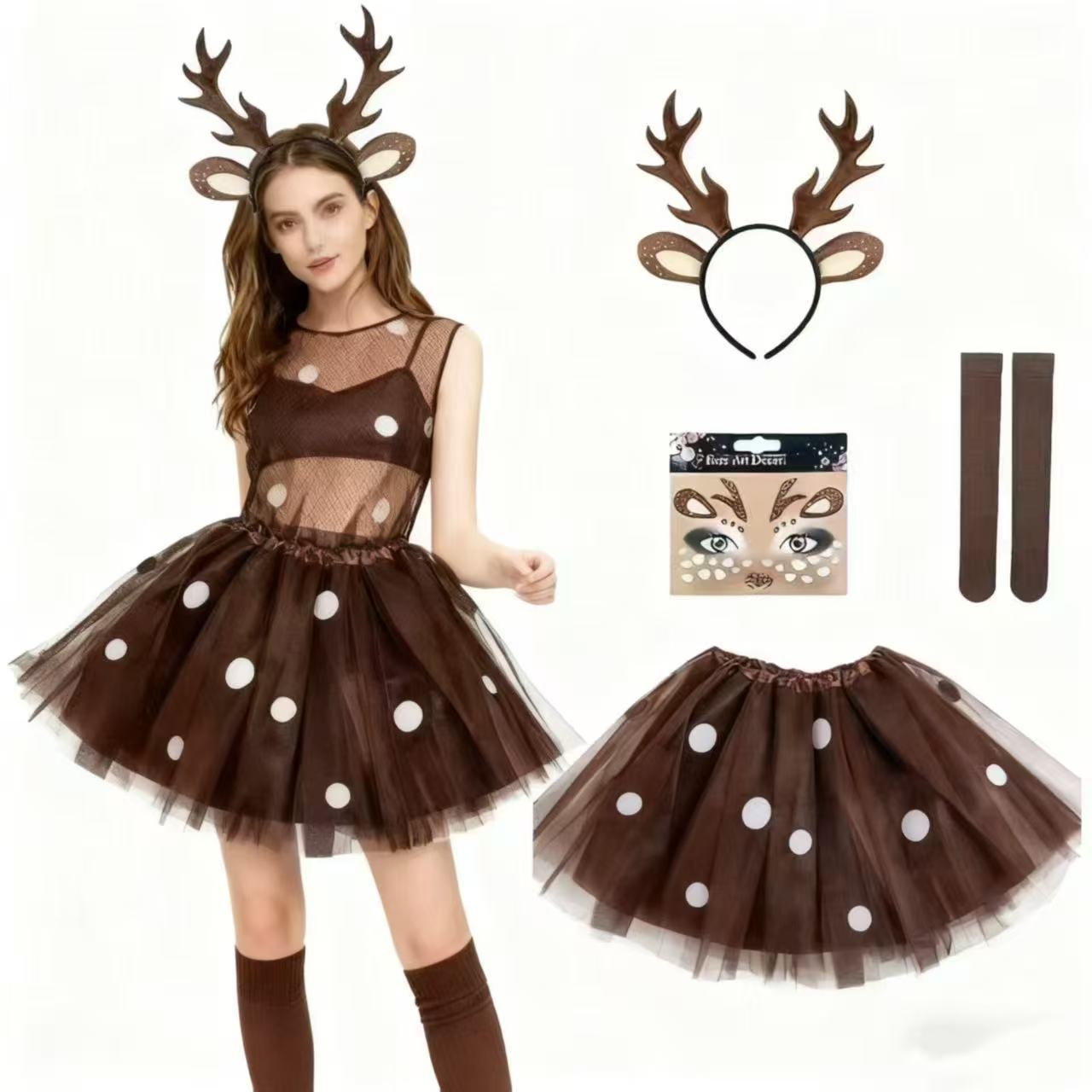 Reindeer Antlers Headband - トナカイコスチュームセット 角付きヘッドバンドと尻尾 ブラウンチュールチュチュスカート 星付き クリスマスホリデー用鹿コスチューム