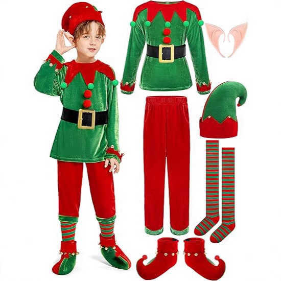 Elf Costume Christmas - クリスマスエルフコスチュームセット グリーンレッドベルベット衣装 帽子 ベルト ソックス シューズカバー付き