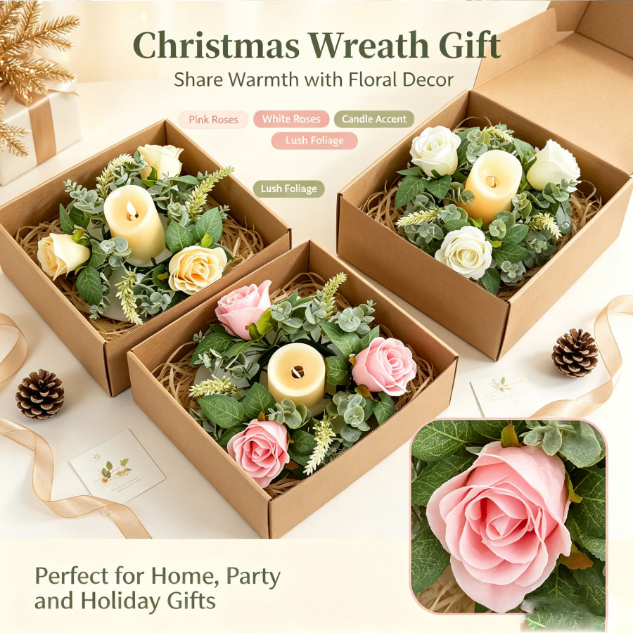 Christmas Wreath Fake - 人工バラの花輪型燭台花飾りデスクトップキャンドルホルダークリスマス結婚式誕生日パーティーテーブル装飾