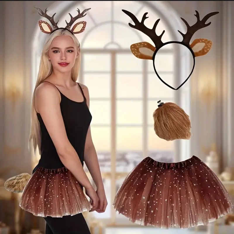 トナカイコスチュームセット チュチュスカート 蝶ネクタイ付き - Reindeer Antlers Headband のレビューと価格