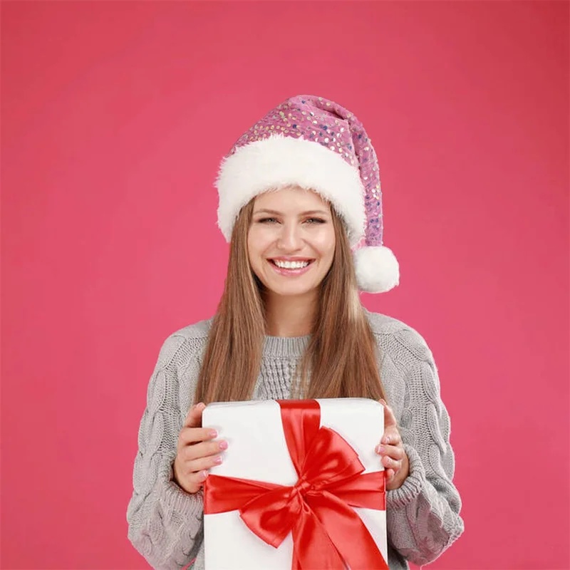 二重層スパンコールクリスマスハット、ふわふわの長いポンポン付 - Santa Hat Plush のレビューと価格