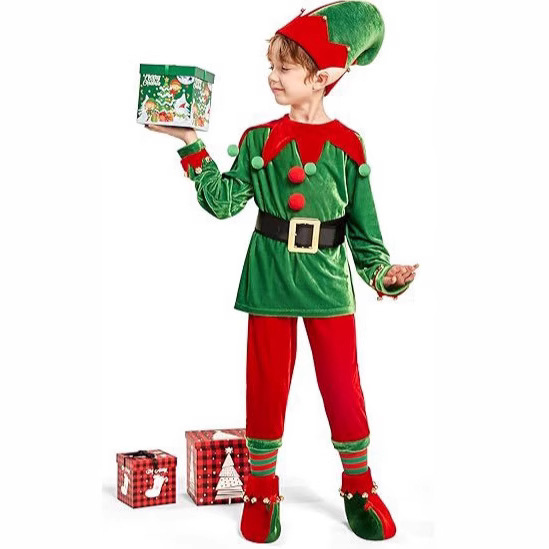 クリスマスエルフコスチュームセット グリーンレッドベルベット - Elf Costume Christmas のレビューと価格